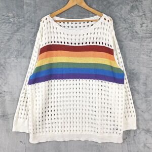 Womens Sweater 18-20 Rainbow Striped Open Knit Sheer Pullover Boat Neck Comfy